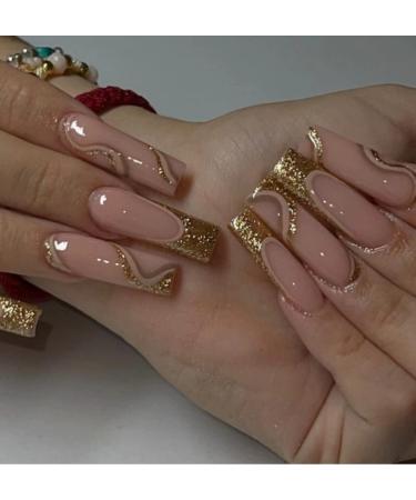 JUSTOTRY 24 Pcs Glitter Press on Nails Long Gold French Fake Nails Patterns Pretty Pink Medium Ballerina Stick on Nails for Women Acrylic Coffin False Nails with Glue for Nail Art gold&Ballerina