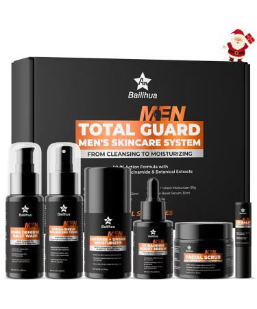 Gift for Men Skincare Skin Care Set for Men Him Complete Routine Kit with Niacinamide & Ceramides - Face Cleanser Scrub Toner Serum Moisturizer Cream Lip Balm - Christmas Valentine's Day Gifts