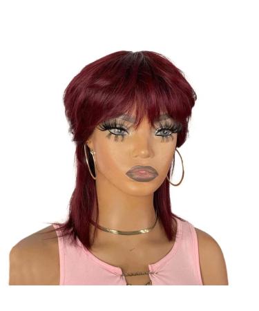 QiaQiaRing 80s 90s Mullet Wig Pixie Cut Wigs For Black Women 99J BG 10inch Hair Short Straight Bob Human Hair Wigs With Bangs Short Pixie Wigs for Women Full Machine Made Wig (99J Mullet wig)