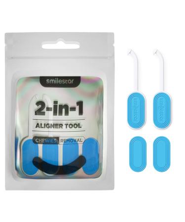 2 in 1 Aligner Removal Tool & Chewies for Invisalign Braces Trays Compatible with Aligners Retainers Dentures with Brush- 2 Pack & 2 Replacement Blue