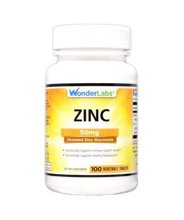 Wonder Laboratories Chelated Zinc Gluconate 50 mg - Supports Healthy Skin Immune System Cell Growth and More - 100 Vegetarian Tablets