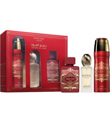 Lattafa Badee Al Oud Sublime for Unisex 3 Piece Set (3.4 Oz Eau de Parfum Spray + 1.7 Oz Hair Mist + 6.7 Oz Deodorant Spray) Fresh Fruity Vanilla Rose Sweet 11.8 Fl Oz (Pack of 1)