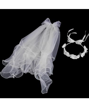 Merroyal Girls Communion Bow and Dangle Cross Charm with 24 Inch Veil on Hair Comb with White Floral Crown (Veil with Crsytal One Size) Veil With Crsytal One Size - Buy Online on GoSupps.com