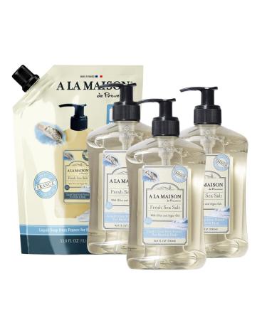 A LA MAISON French Liquid Hand Soap and Eco-Friendly Refill Pouch Combo Fresh Sea Salt - Natural Hand Wash Made with Essential Oils - Biodegradable Plant-Based Alcohol & Paraben Free (3x16oz + 1L)
