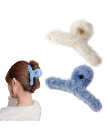 GRHOSE 2PCS Plush Hair Claw Clips Cute Hair Clips Super Grip Faux Fur Claw Hair Clips for Women (White&Blue) One Size 2pcsclaw White Blue