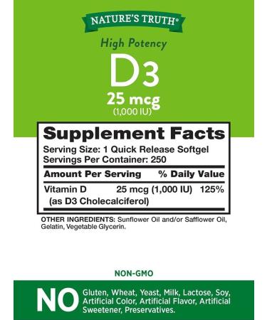 Nature's Truth Vitamin D3 25 mcg (1000 IU) - 250 Quick Release Softgels for Immune Support - Buy Online on GoSupps.com