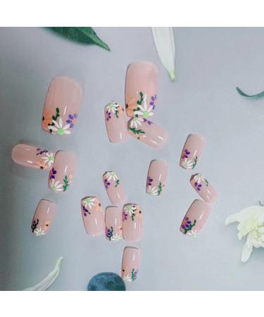 Short Simple Flower Almond Fake Nails with Purple Daisy Design - 24PCS - Buy Online on GoSupps.com
