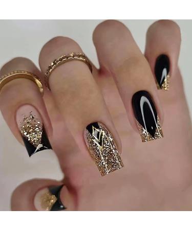 Acrylic Square Press on Nails Medium Length Black Fake Nails Gold Shiny Artificial False Nails with Gold Foil Designs Full Cover Artificial Stick on Nails for Women and Girls 24Pcs style4