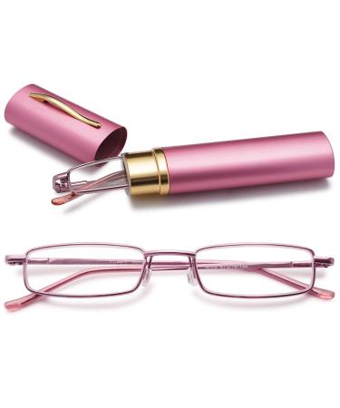 Vevesmundo metal reading glasses mini compact light spring hinge narrow classic reading aid glasses with metal etui 1 piece of pink blue light filter reading glasses 1.5 x