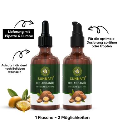 Sunnati Organic Argan Oil Cold Pressed for Face Skin & Hair 100 ml - Organic Argan Oil - Hair Oil without Silicone 100% Pure & Vegan - Glass Bottle with Pipette & Pump - Buy Online on GoSupps.com