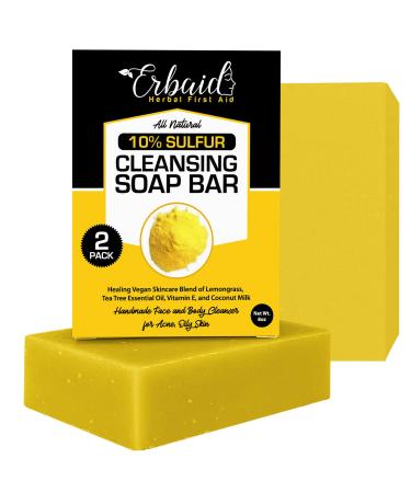10% Sulfur Soap Cleansing Bar for Face & Body All Natural Facial Cleanser for Acne Oily Skin Healing Skincare Blend of Lemongrass Tea Tree Essential Oil Vitamin E Coconut Milk Made in USA (4 Ounce (Pack of 2))