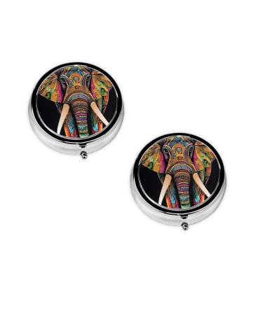 (Colorful Elephant) Round Pill Box 3 Compartment Pill Box Mini Decorative Pocket Purse Portable Travel Medicine Tablet Vitamin Holder Organizer Pill Case