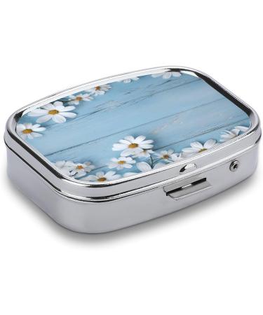 White Flowers Light Blue Wood Print Pill Box Decorative 2 Compartment Portable Pill Organizer for Pocket & Purse - Buy Online on GoSupps.com