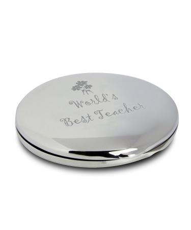 Silver Finish WORLDS BEST TEACHER Engraved Round Compact Mirror featuring Flower Motif Great Thank You Gift for Teachers Presents Gifts