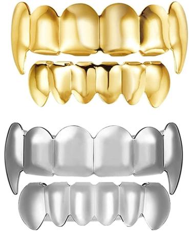 PULABO 2 Sets Hip Hop Tooth Grill Gold Silver Tooth Cap Brace Top Bottom Tooth Halloween Party Costume Tooth Lock Tooth Grill Decoration Creative