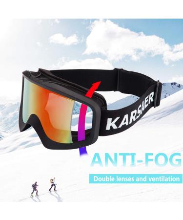 Karsaer Anti-Fog Ski Goggles with UV Protection | Matte Black Frame Red Mirrored Lens | Snowboard Goggles for Men Women Youth - Buy Online on GoSupps.com
