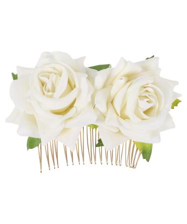 Minkissy Rhinestone Headpiece Rose Flower Bridal Hair Combs Bride Floral Hair Clip Combs Rose Hair Side Combs Wedding Festival Floral Headpiece Party Headdress for Women (White) Wedding D cor