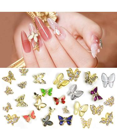 25 pcs 3D Mix Butterfly Nail Charms, TOROKOM Butterfly Rhinestones For Nails Decor Nail Art 3D Butterfly Metal Gold Nail Art Crystal Nail Studs for Women Girls Home Salon DIY Manicure Accessory 25 Piece Assortment