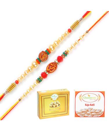 Ghasitaram Gifts Rakhi for Brother Rakhis Online - Set of 2 6135 6276 Om Pearl Rakhi Threads with 200 GMS of Kaju katli and 200 GMS of Soan Papdi