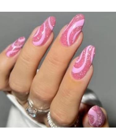 24Pcs French Press On Nails Blue Diamond Shimmer Flash False Nail Tips Wearable Full Cover Almond Artificial Acrylic Nails Tips AA2