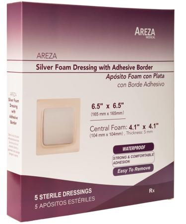 Silver Foam Dressing with Border 6.5  X 6.5  Central Foam 4.1 x 4.1 Sterile 5 Dressing per Box (1)