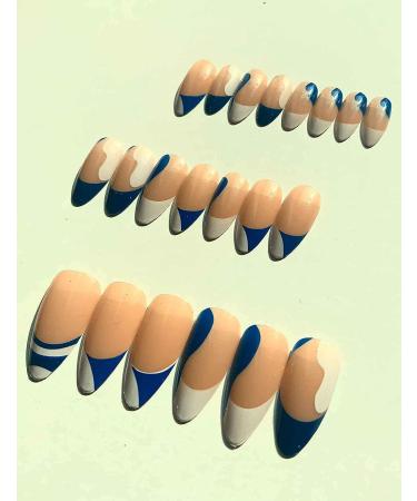 Sankki Almond French Tip Press on Nails - 24Pcs Blue White Abstract Design | Medium Length Nude False Nails for Women and Girls - Buy Online on GoSupps.com
