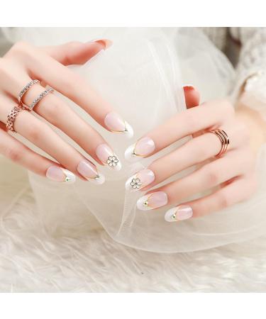 Justotry 3D Flower Oval Short False Nails - White French Press On Nails for Wedding - Nail Glue Included - Almond Medium Stick On Nails - Women's Nail Art - Buy Online on GoSupps.com