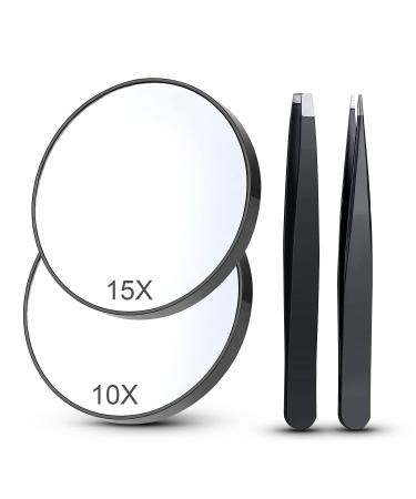 BULGILIA Magnifying Mirror and Two Tweezers Kit  10X & 15X Portable Magnifying Makeup Mirrors  3.5 Two Suction Cups Magnifier Travel Set for Eyebrow Tweezing  Blackhead Blemish Removal