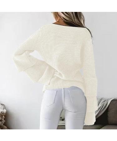 Creoqiji Women's V-Neck Sweater - Autumn/Winter Loose Fit with Leaf Sleeves - Comfortable Elastic Party Wear in White (Size L) - Buy Online on GoSupps.com