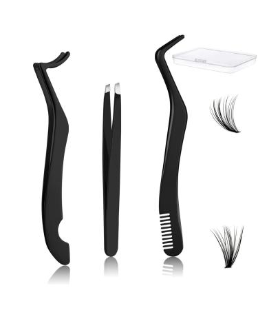 3pcs Eyelash Tweezers 2 in 1 Eyelash Applicator Tool with Comb Stainless Steel Lash Extension Tweezers for DIY Eyelash Clusters False Eyelash Tool Applicator Eyelash Tweezers (Black)