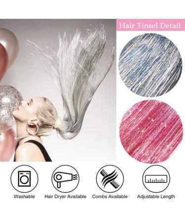 Pink Silver Hair Tinsel Kit - Glitter Hair Extensions for Women, Girls & Kids (48 Inch, 3000 Sparkling Strands) - Heat Resistant Fairy Tinsel Accessories with Tools in 2 Colors - Buy Online on GoSupps.com