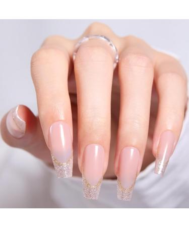 Beetles Press On Nails 30 Pcs Medium Square in 15 Sizes Nude Pink Champagne Toast Glitter False Nails with Strong Glue and Mini File All Season Easy to Use DIY Home Gifts for Women Girls P-B-medium coffin pink and nude 0.03 Fl Oz (Pack of 30)