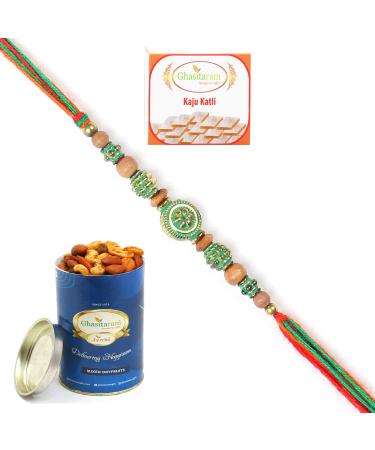 Ghasitaram Gifts Rakhis Online for Brother-L-1 Rakhi Thread with 100 GMS of Dryfruits Mix Can 200 GMS of Kaju katli Rakhi & 100g Dryfruits Mix Can 200g Kaju katli