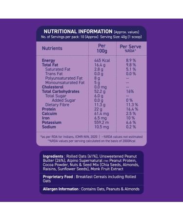 ALPINO Peanut Butter Super Oats Chocolate | 21g High Protein Rolled Oats | Made with Rolled Oats Chocolate Peanut Butter & Cocoa | No Added Sugar & Salt | Gluten-Free | Vegan (1 kg) - Buy Online on GoSupps.com