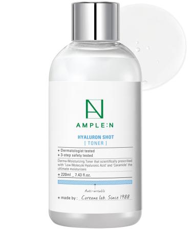 Ample:N Hyaluron Shot Toner Hyaluronic Acid and Ceramide Hydrating Face Toner -Moisturizing Essence for Minimizing Wrinkles Dewy Healthy Glow Skin Booster for Dry and Sensitive Skin 7.43 fl.oz.