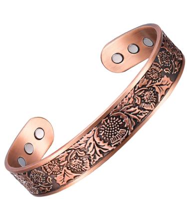 VicMAG copper magnet hardship for men for arthritis-pain relief therapy bracelets Massive pure copper cuff bracelets adjustable size with gift box (copper flora)