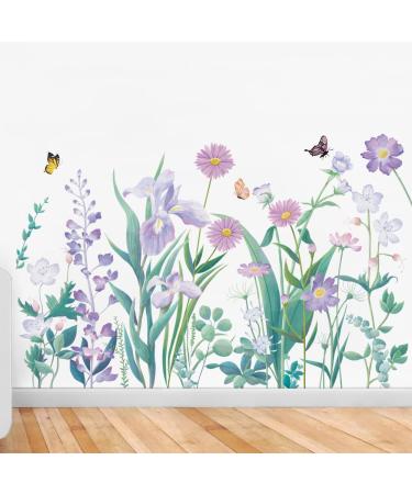 Runtoo Purple Flowers Wall Decal Butterfly Garden Floral Wall Stickers for Girls Bedroom Bathroom Nursery Wall Decor Purple Garden