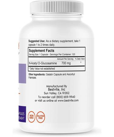 Bestvite N-Acetyl Glucosamine (N-A-G) 700mg Capsules - Non GMO, Gluten Free - 120 Servings - Buy Online on GoSupps.com