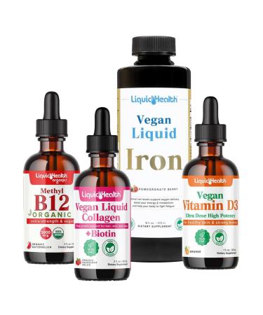 LIQUIDHEALTH Vegan Daily Essentials Vitamin Starter Kit with Organic Methyl B12 Drops Vegan Liquid Collagen + Biotin Vegan Liquid Iron Vegan Vitamin D3 Drops - 100% Plant-Based Vitamins Made in USA