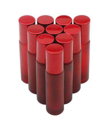 Kesell Empty Essential Oil Roller Bottles, 10 ml Glass Roll-on Bottles with Stainless Steel Roller Balls, Pack of 10 Red
