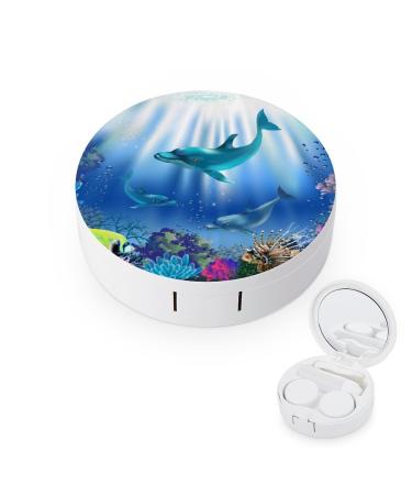Cartoon Underwater World Dolphins Coral Contact Lens Case Travel Portable Travel Contact Lens Box with Mirror