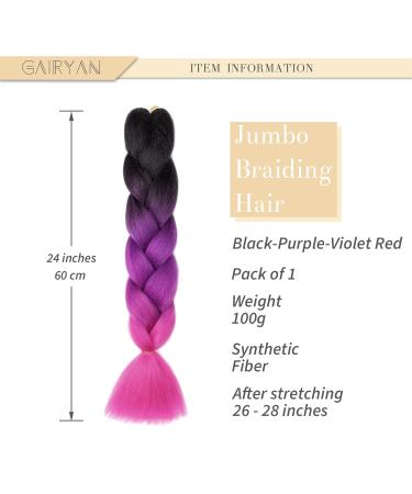 Gairyan Jumbo Braids Extensions - 100g 60cm Ombre Synthetic Braiding Hair for Box Crochet - Afro Hair in Black Purple & Rose Red - Buy Online on GoSupps.com