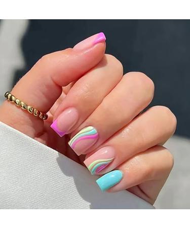 French Tip Press on Nails  Colorful Waves Fake Nails Short Square Press on Nails Full Cover Acrylic Nails Glossy Blue and Pink False Nails With Swirl Design Spring Summer French Artificial Nails 24Pcs