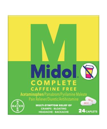 Midol Complete Caffeine Free Menstrual Pain Relief Caplets with Acetaminophen, 24 Count 24 Count (Pack of 1)