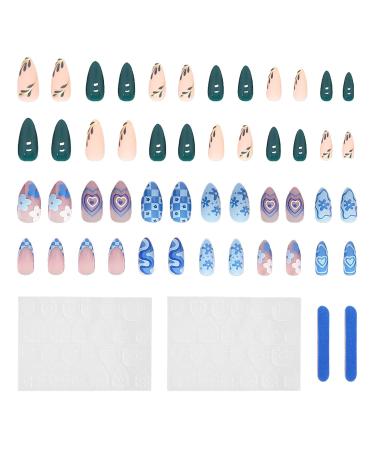 24 Pieces Of Blue Love Nail Stickers 24 Pieces Of Dark Green Wearable Nails Blue Fake Nails Fashionable Oval Nails French Fit Nails Artistic Nails Diy Nail Accessories