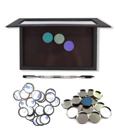 SZDYM Professional Empty Makeup Magnetic Palette Set with 20 Adhesive Metal Stickers and 20 Empty Round Metal and 1 Depotting Spatula blush for powder and foundation (Black)