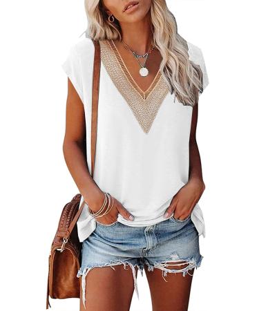 Summer Tops for Women Cap Sleeve T Shirts Casual Blouse V Neck Lace Floral Print Loose Fit Tank Tops Large 01-white