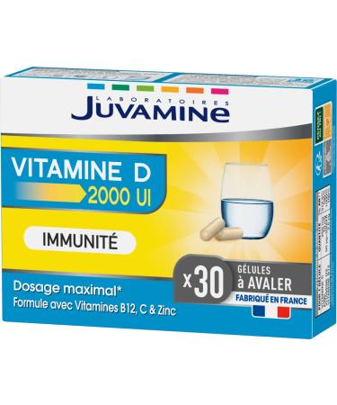 JUVAMINE - VITAMIN D 2000 IU - Immunity - Vitality - Vitamin B12 Vitamin C Vitamin D3 And Zinc - 1 Month Program - 30 Capsules - Made in France