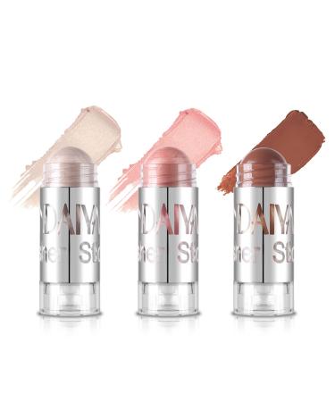MEICOLY Multi Stick Trio Cream Blush Stick for Cheeks & Lips Highlight Contour Stick Face Highlighter Waterproof Glow Stick Subtle Shimmer Cream Pen Chubby 3D Brighten Makeup 3pcs Set