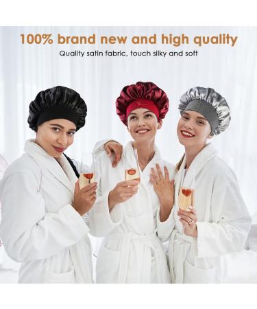 Petyoung 3 Pack Satin Sleep Caps for Women & Girls - Elastic Wide Band Beanie Hat for Curly Hair - Wine Red, Black, Silver - Buy Online on GoSupps.com